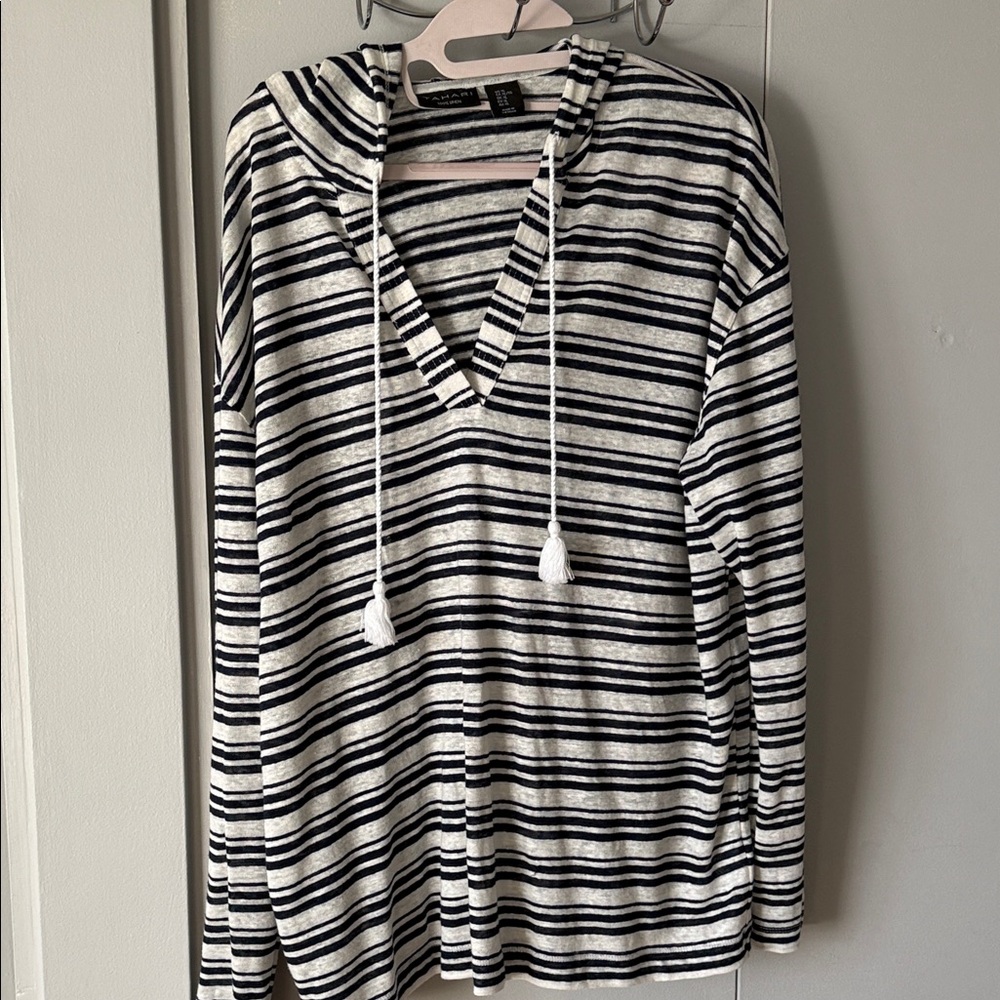 Tahari Navy and Off White Striped Hooded V-Neck Top